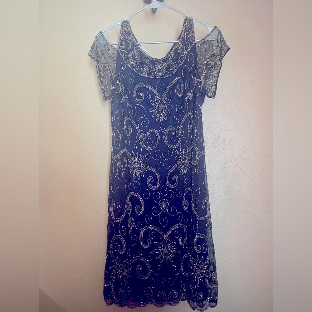 Prelude navy and bronze sequin cocktail dress, cold shoulder